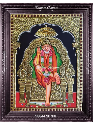 Saibaba Tanjore Painting featuring Sai Baba seated on a golden throne with blessing hand, handcrafted in traditional Thanjavur gold foil style